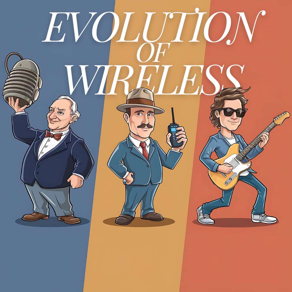 Caricature showing wireless evolution: a man with an old microphone, another with a vintage radio, and a modern guitarist with a wireless setup. Text reads "Evolution of Wireless."