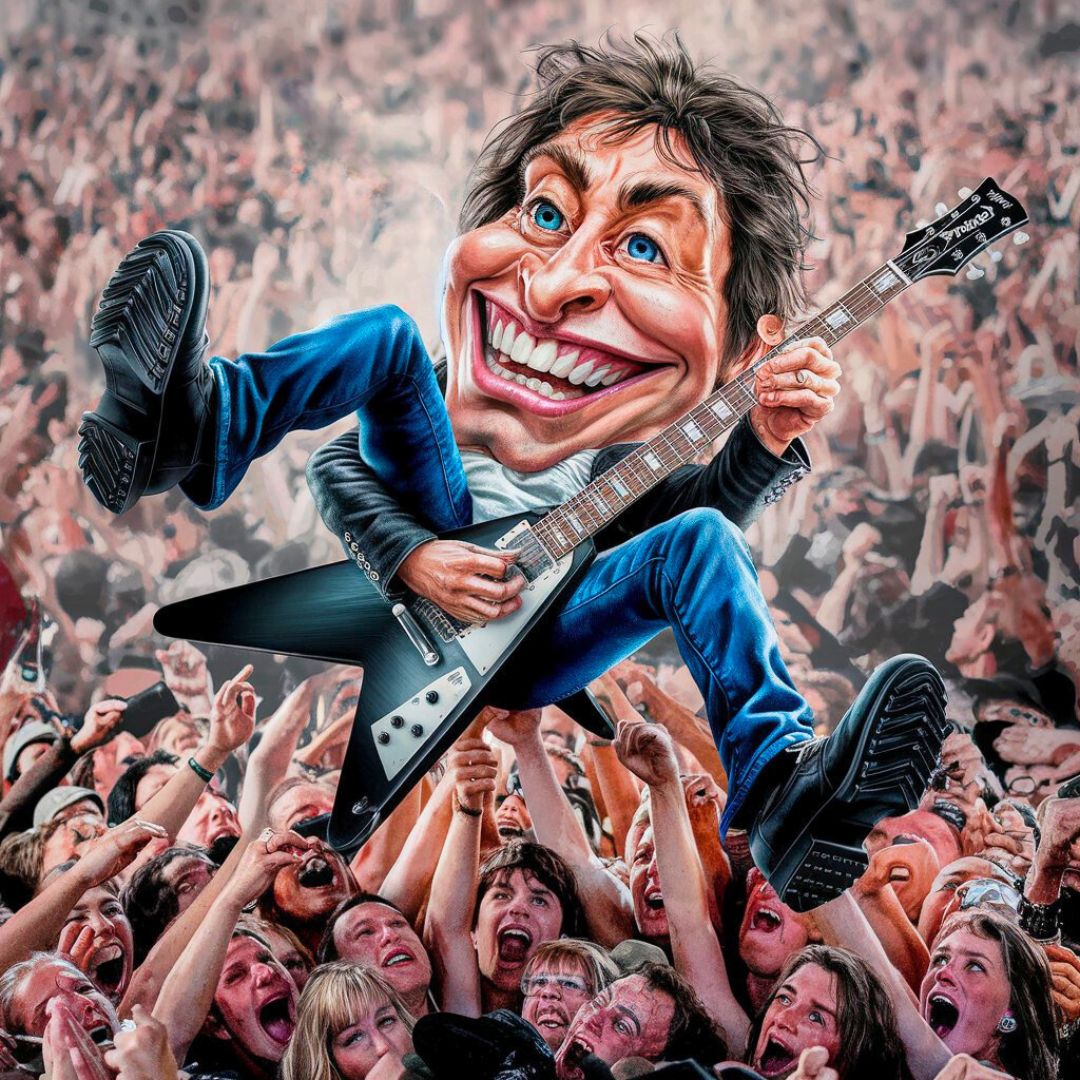 Caricature of a smiling rock guitarist crowd-surfing while playing a flying V guitar, surrounded by enthusiastic fans.