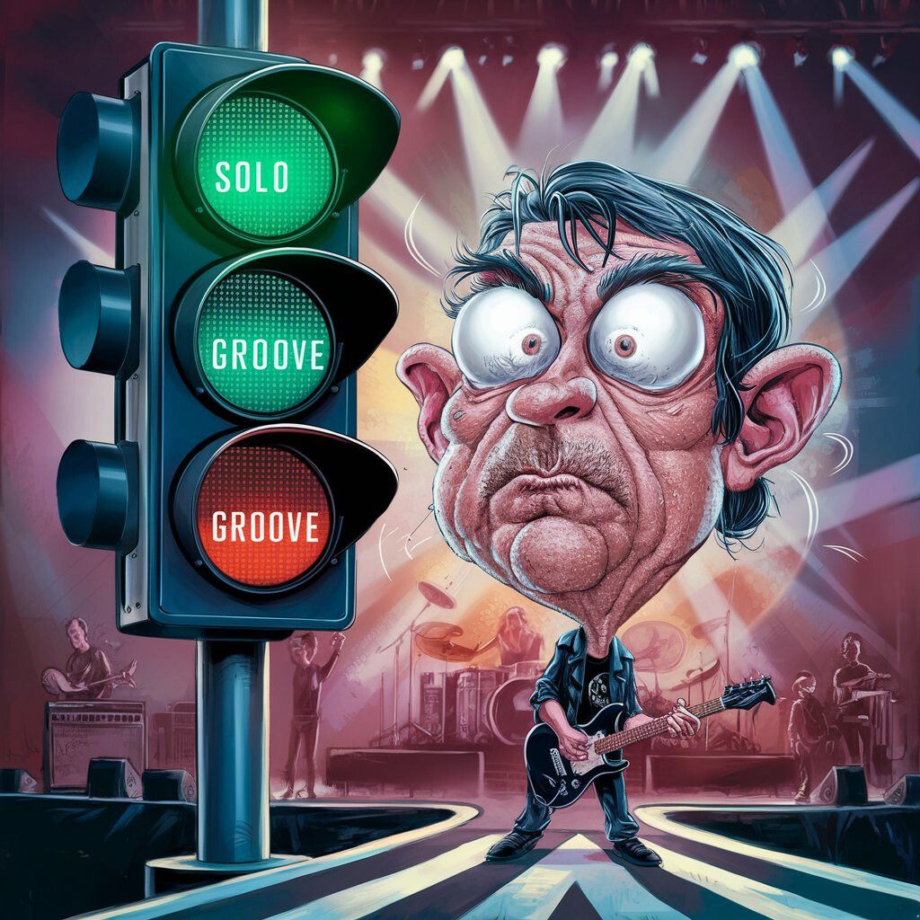 A caricature of a startled guitarist standing beneath a traffic light showing "Solo" in green and "Groove" in red, with an exaggerated, wide-eyed expression. The band is performing in the background under stage lights.