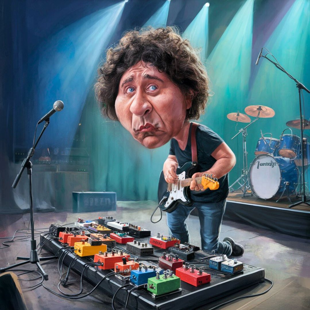 A humorous caricature of a bewildered electric guitar player on stage, staring at a massive, colorful pedalboard. The image is for CFG Cable Free Guitar's blog post on Advanced Techniques for Chaining Guitar Pedals.